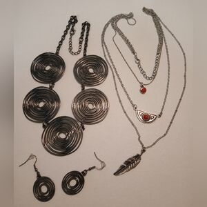 #646.  3 Piece Silver Toned Statement Necklace & Multi Layer Necklace Bundle